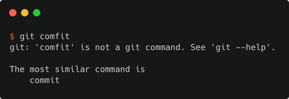 Ejemplo de las recomendaciones de Git al escribir un comando equivocado